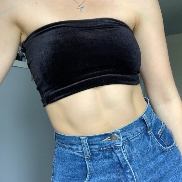 TOPSHOP BLACK VELVET BANDEAU TOP - Picture 1 of 2